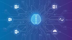 AI technologies connecting Microsoft Copilot, Power BI, Loop, and automation tools like Zapier, Make, n8n, and Vercel to power modern business workflows.