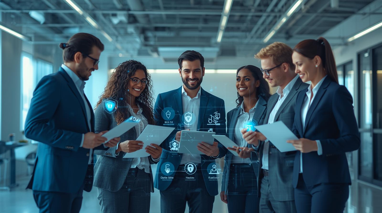 CIO and team collaborating around digital dashboards with checklists and security icons, representing audit readiness and year-round compliance.