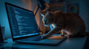 Orange cat sitting on a laptop keyboard while building an AI-powered incident analyzer app in a home office setting