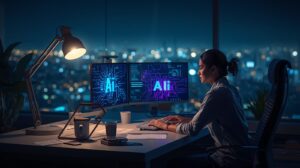 Person working late at night in an office with dual monitors showing AI graphics, city lights glowing in the background.