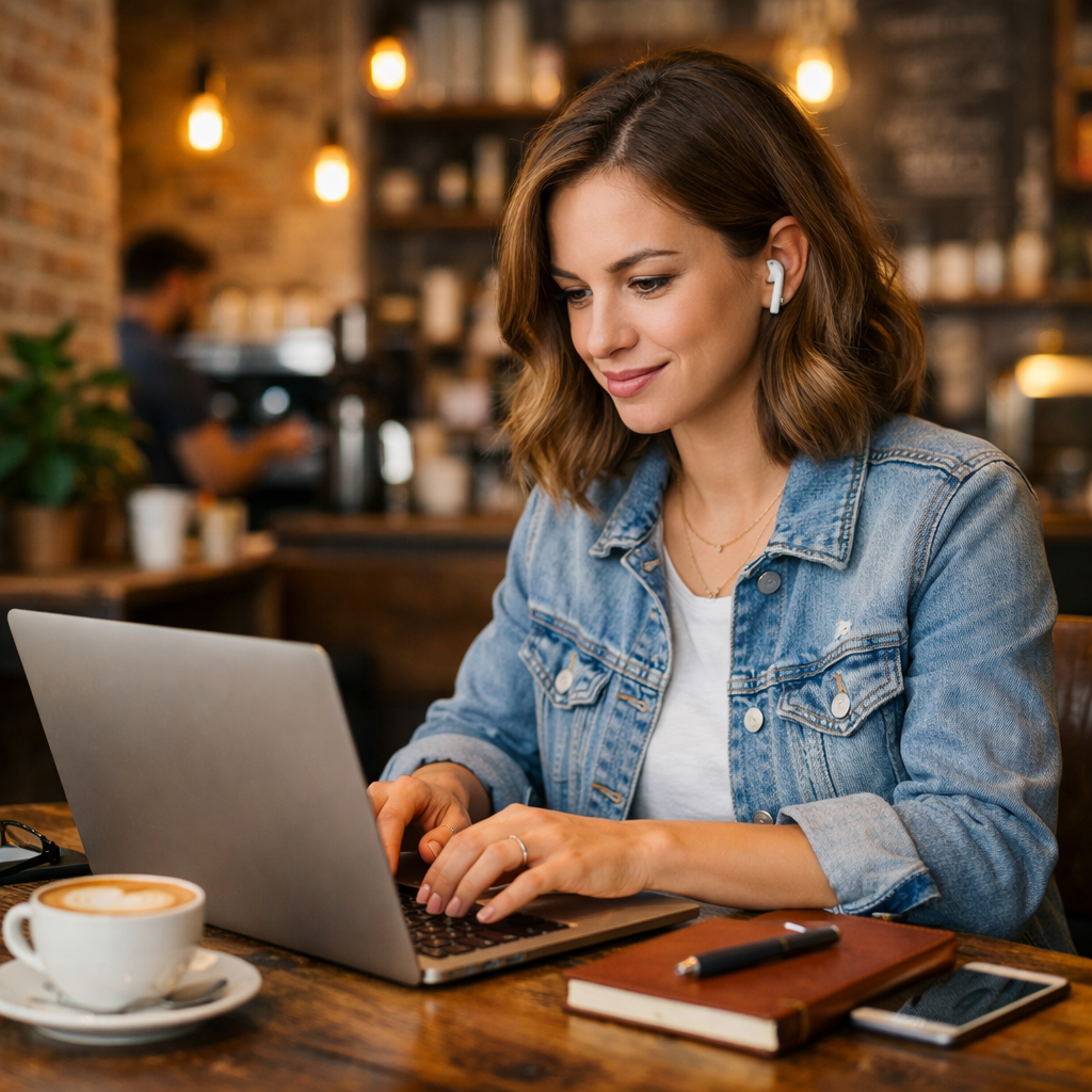 Young woman using laptop in a cafe with coffee and notebook on table