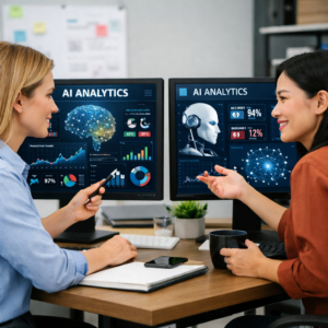 Two women analyzing AI analytics data on computer screens with charts and brain images