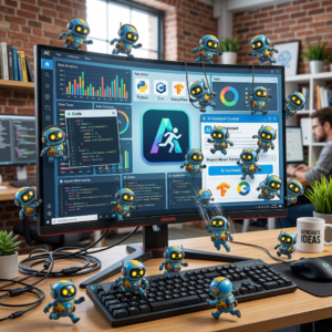 Multiple small blue and yellow AI robot characters around a computer screen showing coding, data charts, and AI assistant interface