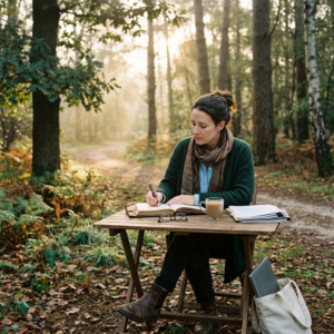 Woman sitting at a wooden table in a forest writing in a notebook with a coffee mug and laptop bag nearby