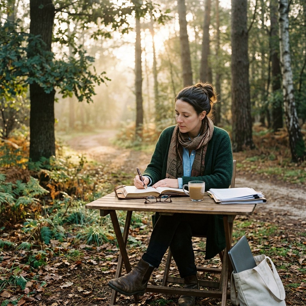 Woman sitting at a wooden table in a forest writing in a notebook with a coffee mug and laptop bag nearby