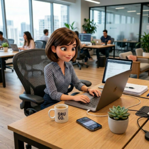 Animated woman sitting at office desk working on a laptop, coffee mug, smartphone, and plant on the desk