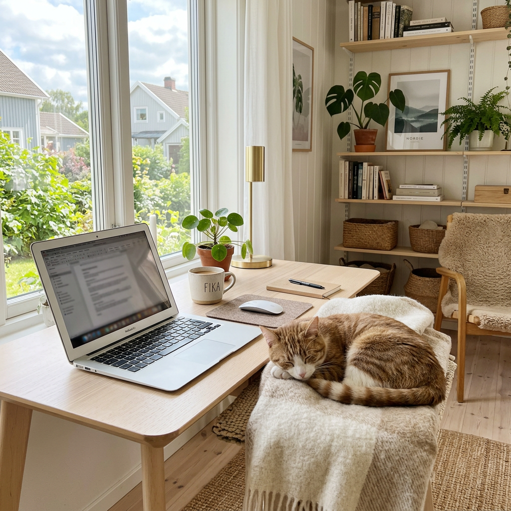 Home office desk by a window with laptop, plant, coffee mug, and a sleeping cat on a blanket