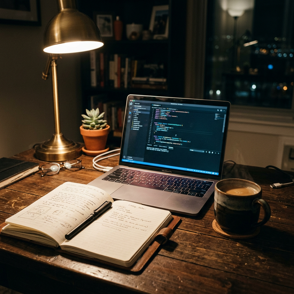 Laptop showing code with open notebook, pen, coffee mug, and desk lamp