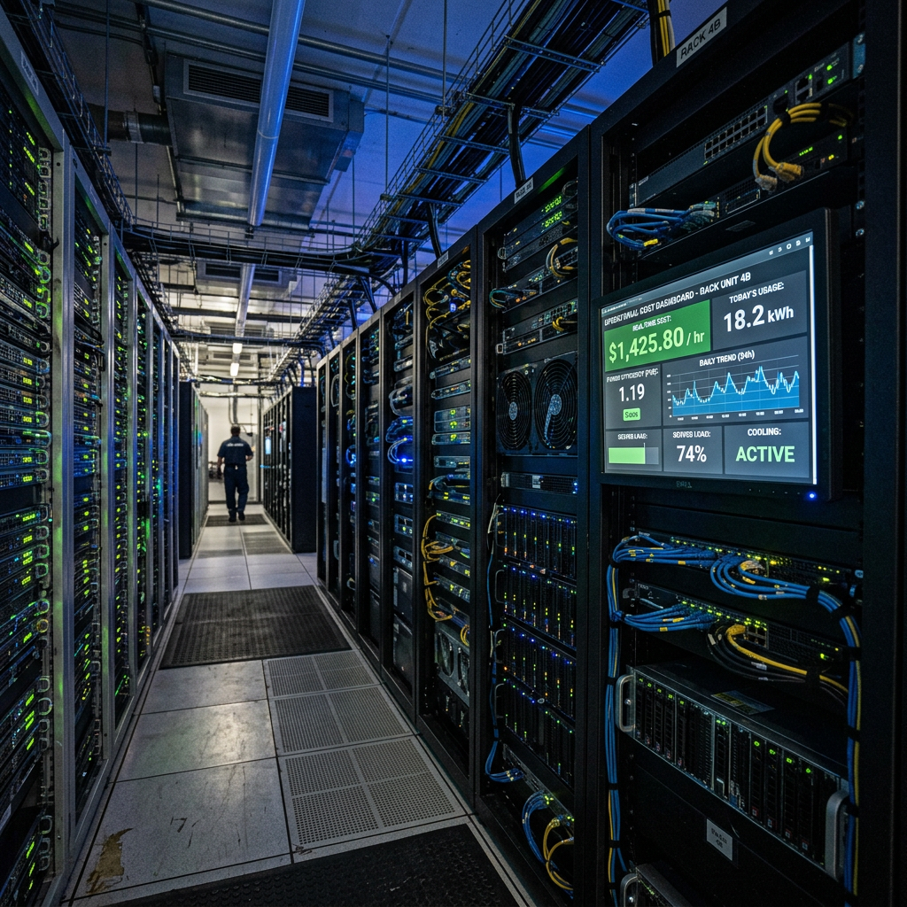A hallway with multiple server racks and a digital screen displaying power cost and usage data