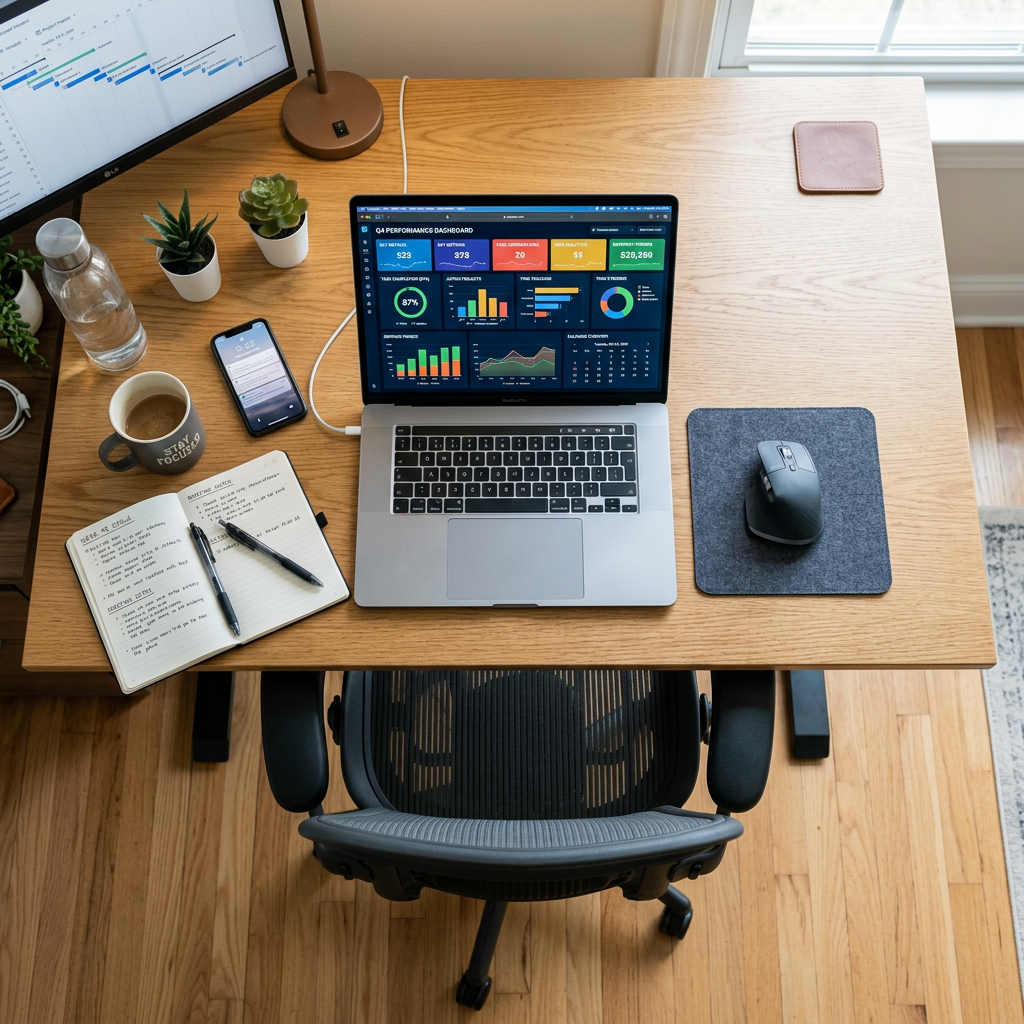 Workspace with laptop displaying performance dashboard, notebook, phone, and plants