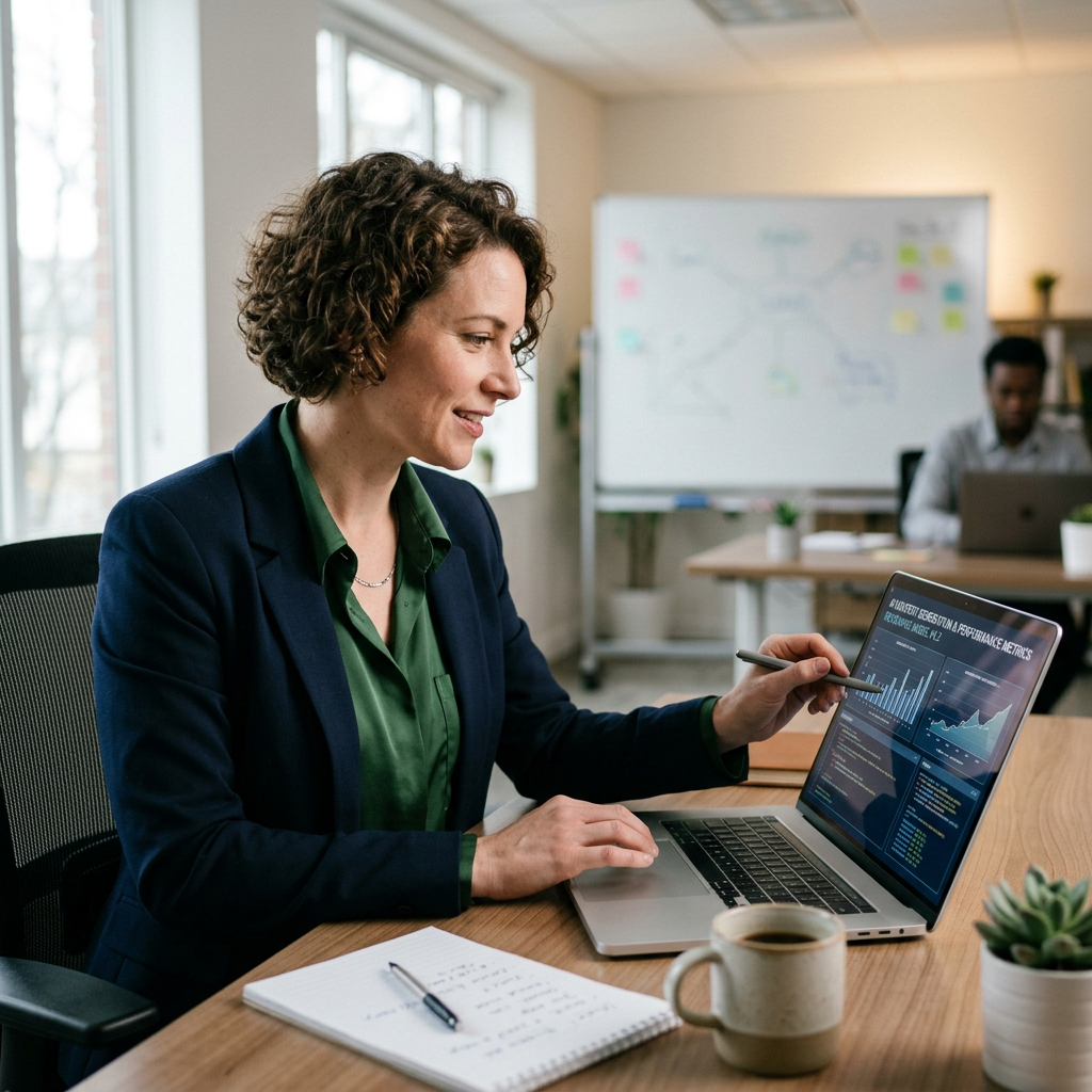 Businesswoman pointing to graphs and charts on laptop screen