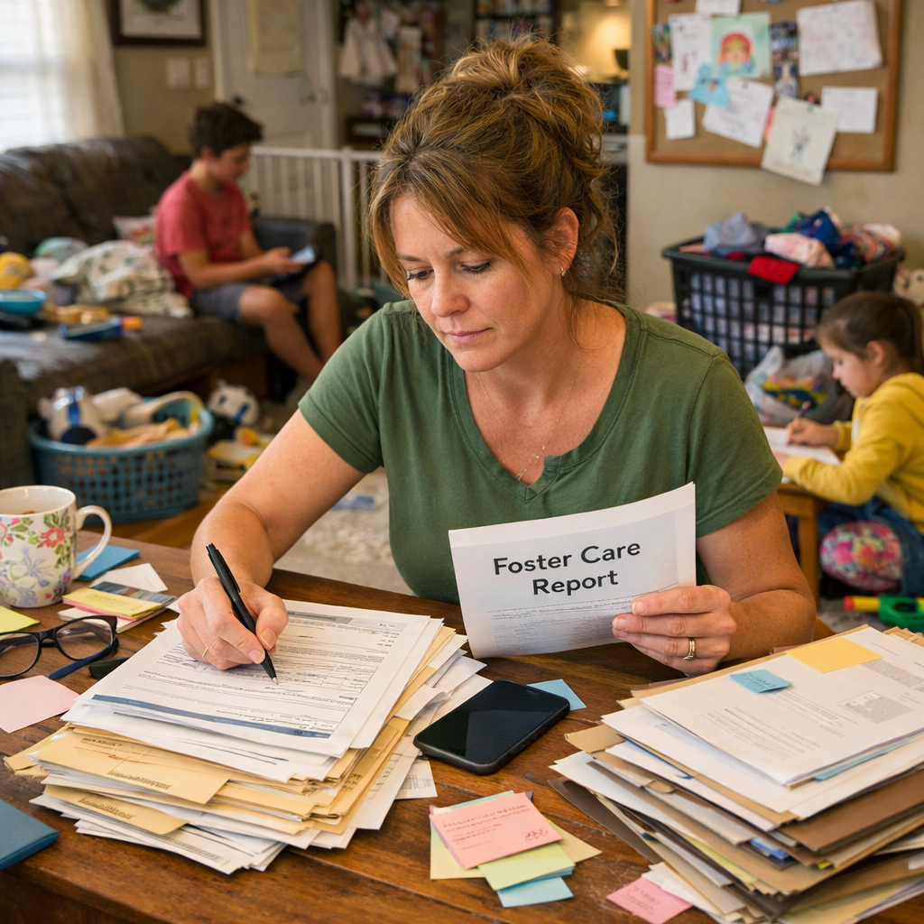 Woman reviewing and signing foster care report at cluttered table