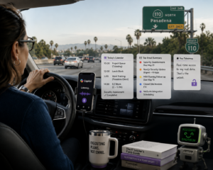 Woman driving on a Southern California freeway while using Microsoft Copilot voice chat through her phone mounted on the dashboard, with floating AI productivity panels showing calendar events, email summaries, and work tasks inside a modern hybrid-work-inspired car interior.