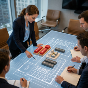 A group of professionals reviewing architectural blueprints and building models around a table