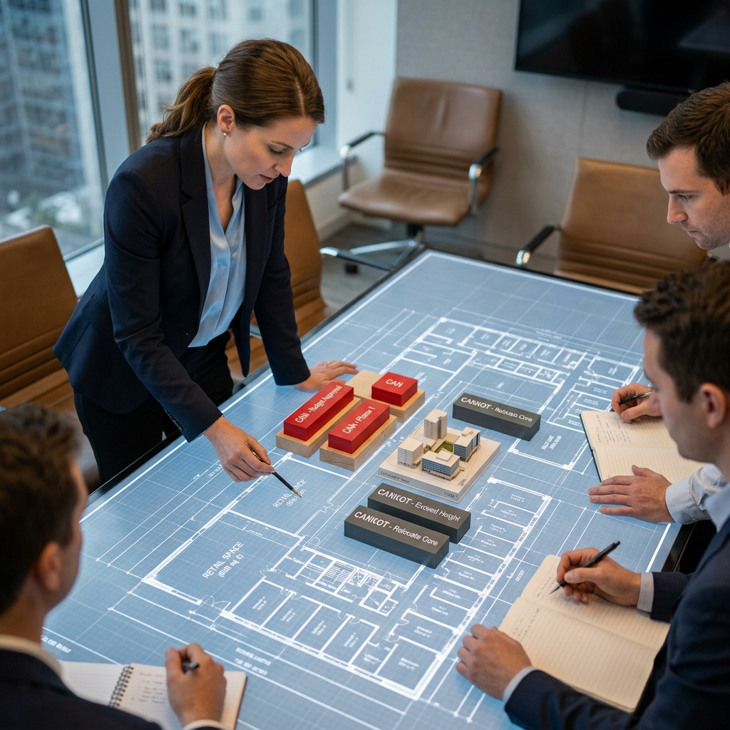 A group of professionals reviewing architectural blueprints and building models around a table