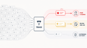 AI security triage workflow sorting a flood of security alerts into urgent, review, and suppressed lanes.