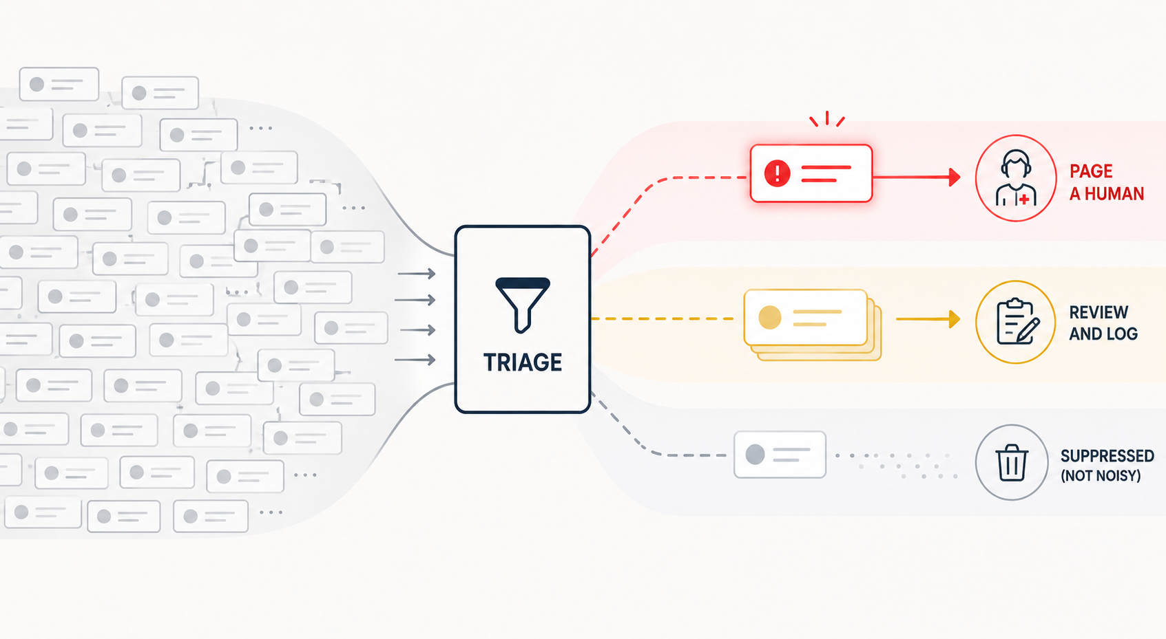 AI security triage workflow sorting a flood of security alerts into urgent, review, and suppressed lanes.