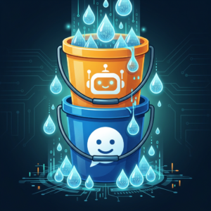 Two buckets with chatbot icons exchanging digital water droplets symbolizing data flow