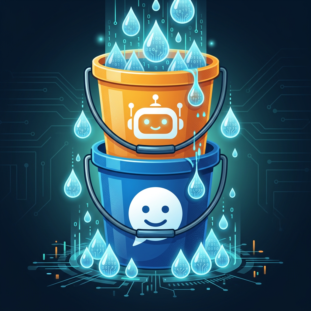 Two buckets with chatbot icons exchanging digital water droplets symbolizing data flow
