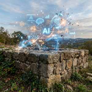 Digital AI, ML, and GPT graphics with data and algorithms over a stone well in nature
