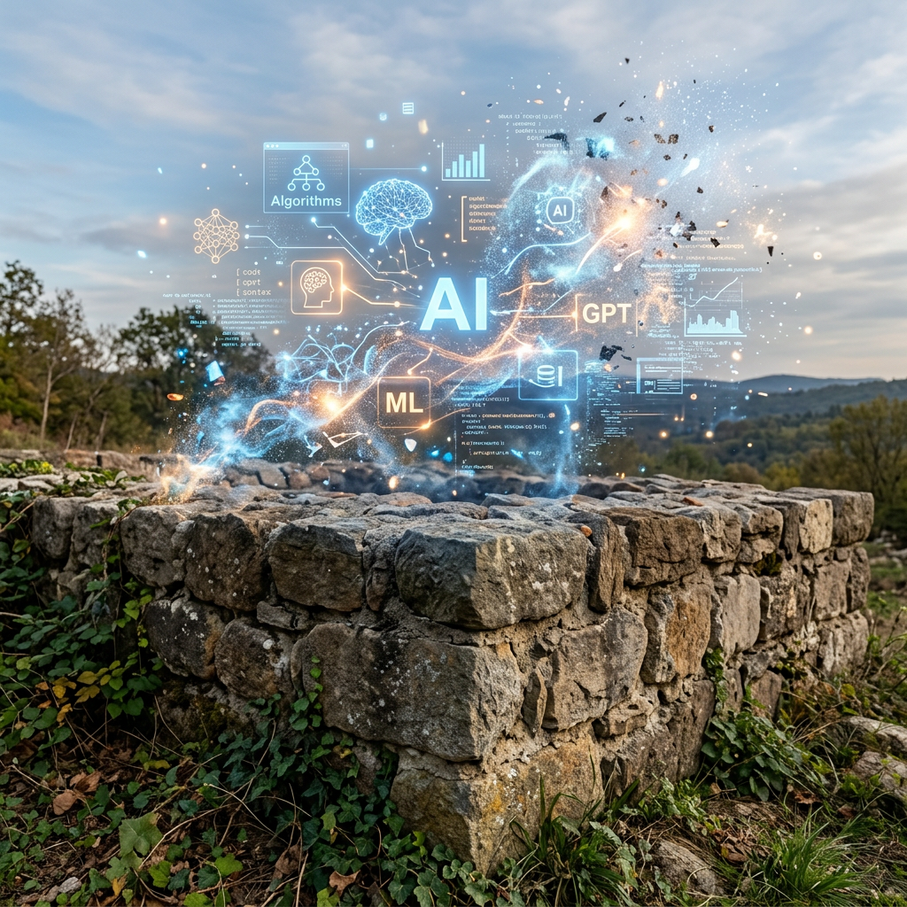 Digital AI, ML, and GPT graphics with data and algorithms over a stone well in nature