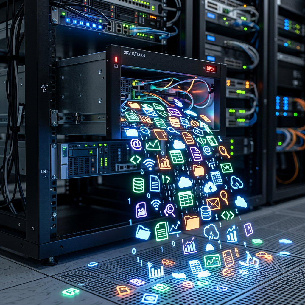 Data server drawer opened with colorful icons representing digital data and connectivity flowing out